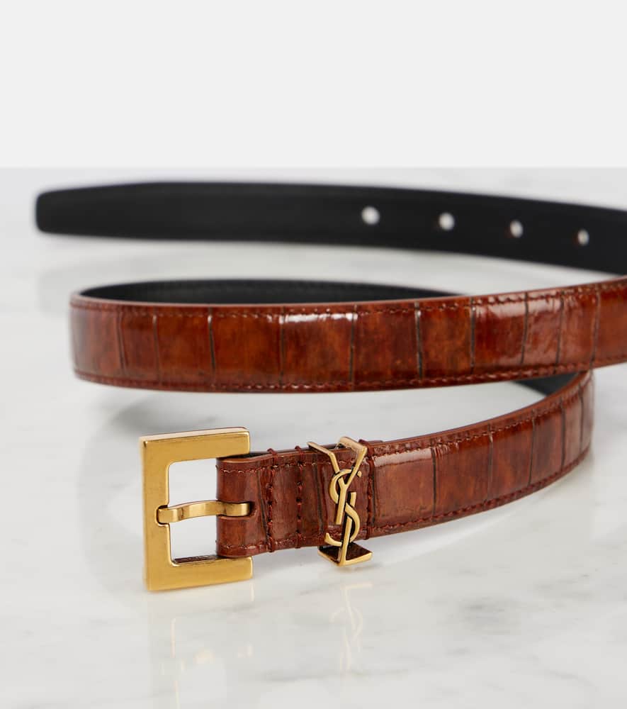 Saint Laurent Cassandre Croc-effect Leather Belt In Brown