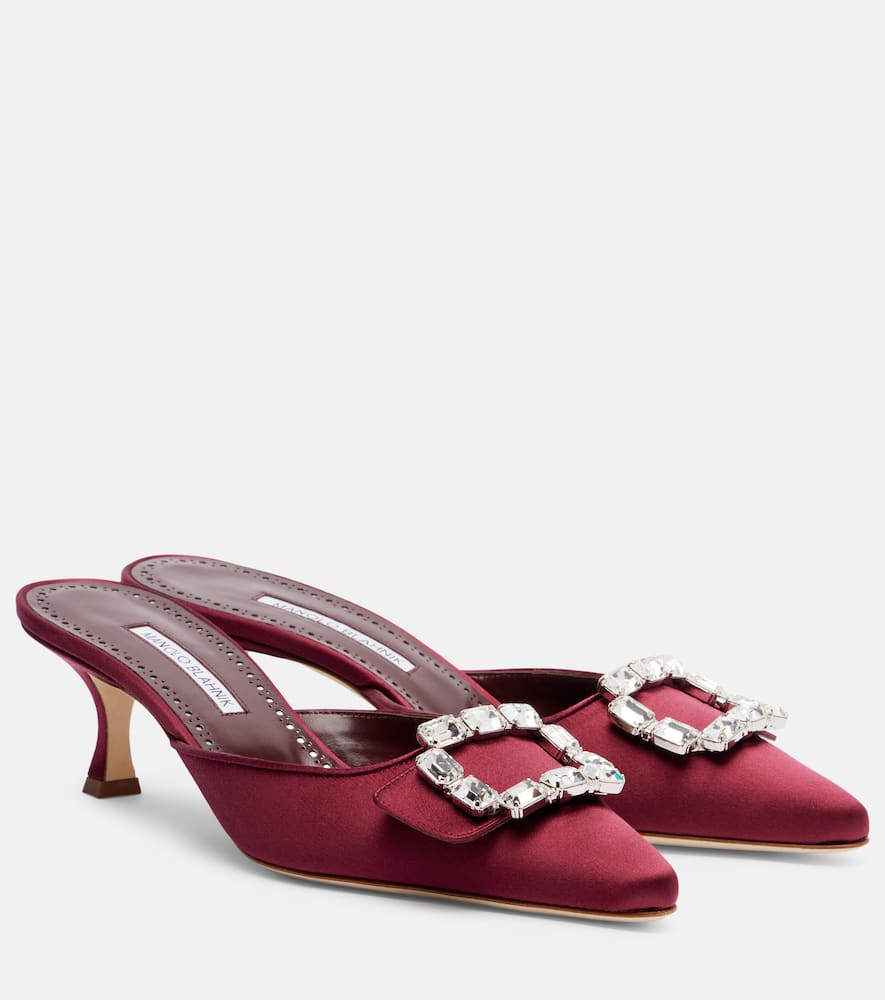 Manolo Blahnik Mayjou 50 Crystal-embellished Satin Mules In Burgundy