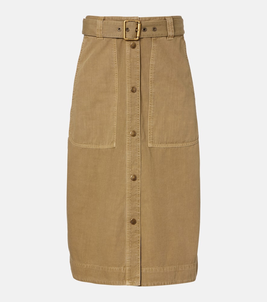 Moncler Belted Denim Midi Skirt In Brown