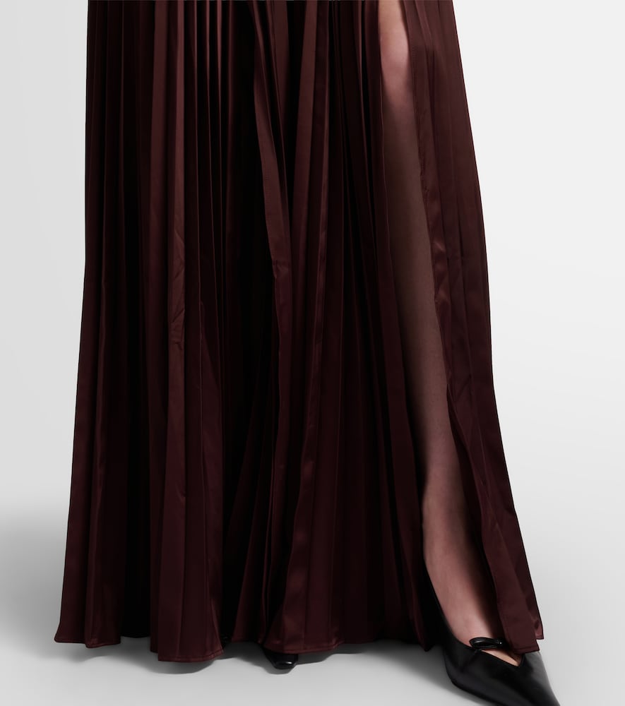 Lace-Trimmed Pleated Satin Maxi Dress