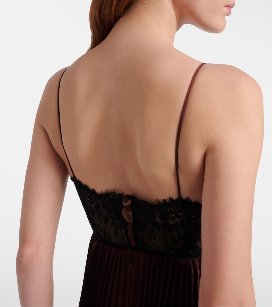 Lace-Trimmed Pleated Satin Maxi Dress