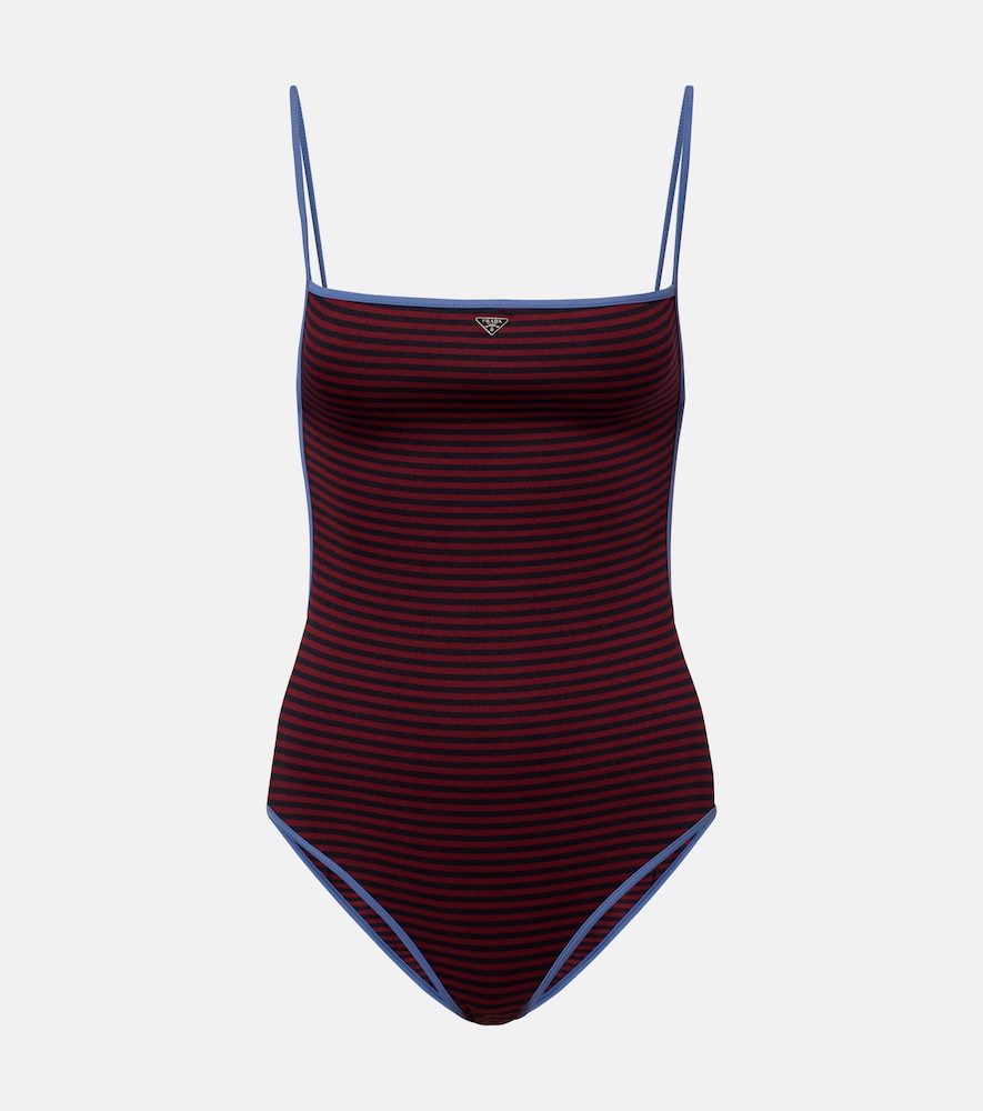 Prada Striped Swimsuit In Burgundy
