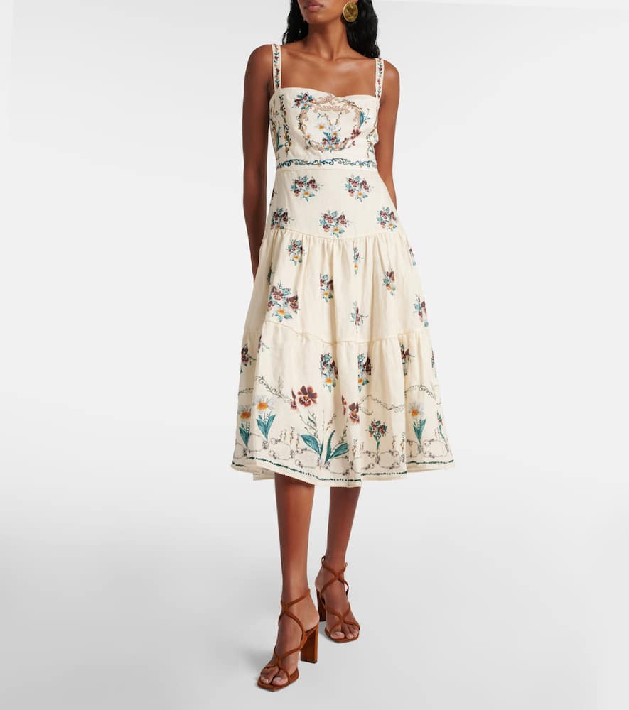 AGUA BY AGUA BENDITA LIMA FLORERO EMBROIDERED LINEN MIDI DRESS