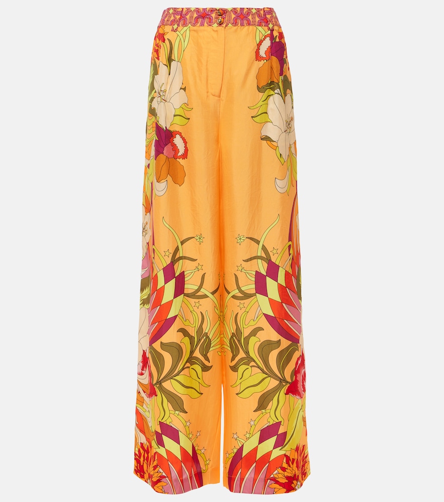 Camilla Floral Silk Satin Wide-Leg Pants Multicoloured Uk Size 8 Women's