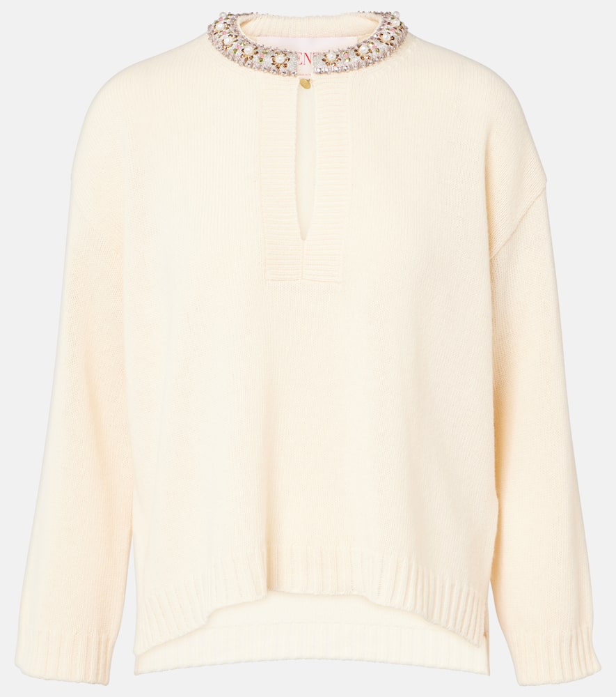 Valentino Embellished Virgin Wool Sweater In Neutral