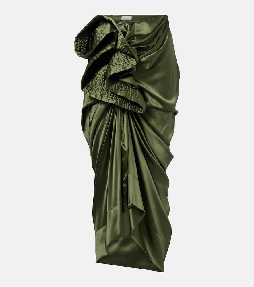 Dries Van Noten Gathered Silk-blend Satin Midi Skirt In Green