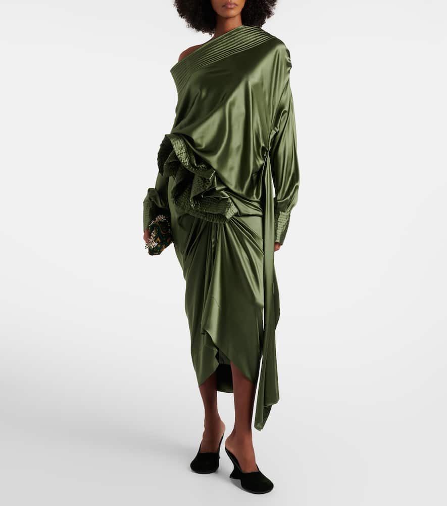 Dries Van Noten Gathered Silk-blend Satin Midi Skirt In Green