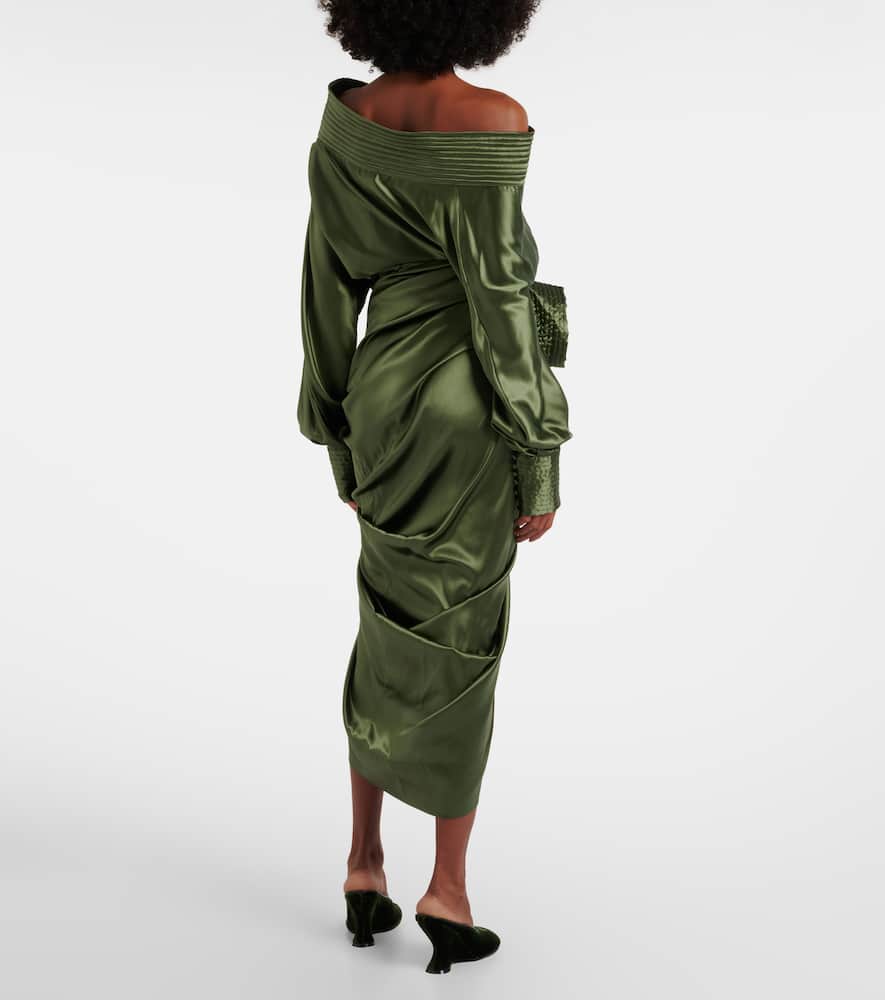 Dries Van Noten Gathered Silk-blend Satin Midi Skirt In Green