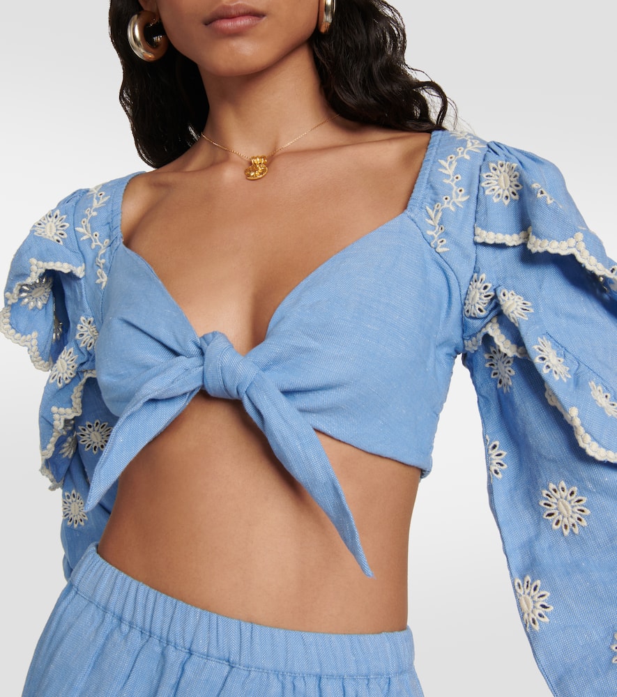 Loveshackfancy Milanti Tie-front Ruffled Broderie Anglaise Cotton And Linen-blend Top In Faded Hydrangea