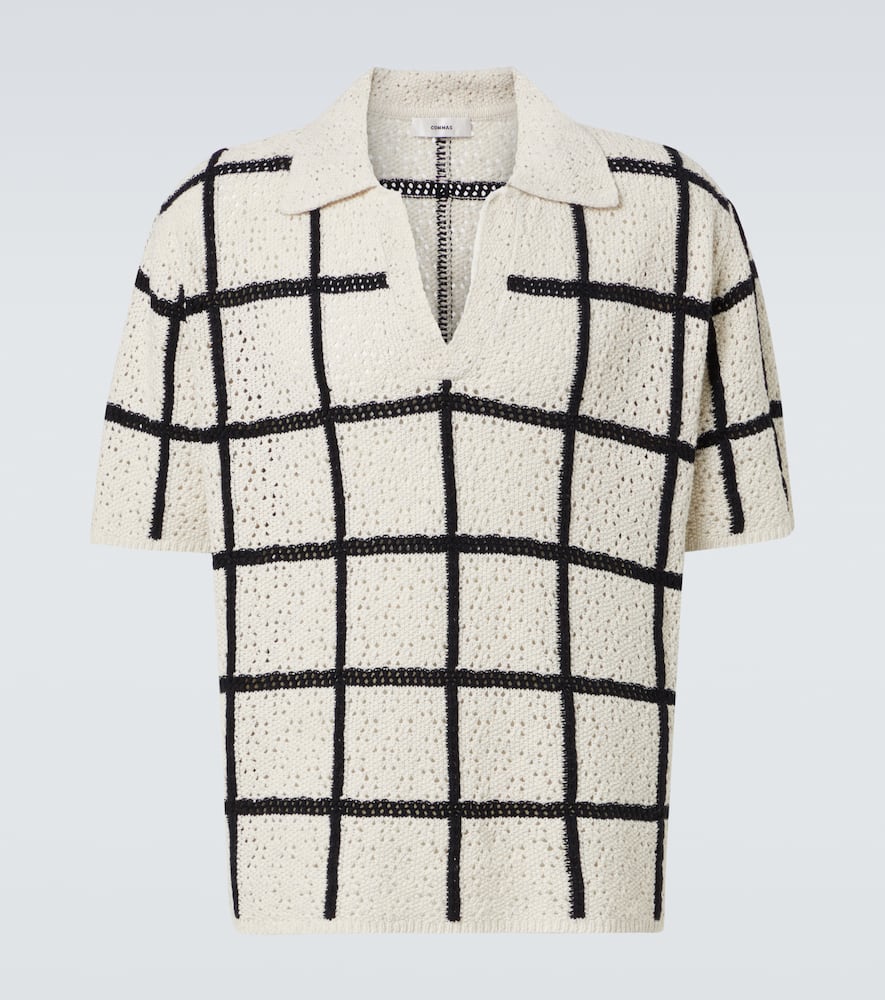 Checked crochet cotton and wool polo shirt