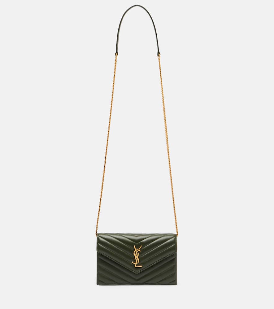 Saint Laurent Cassandre Envelope Leather Wallet On Chain In Green