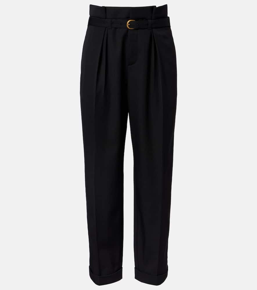 Chloé Belted Pleated Virgin Wool Tapered Pants In Black
