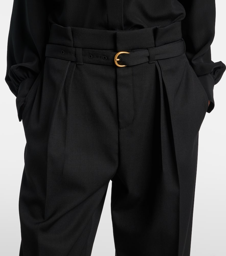 Chloé Belted Pleated Virgin Wool Tapered Pants In Black