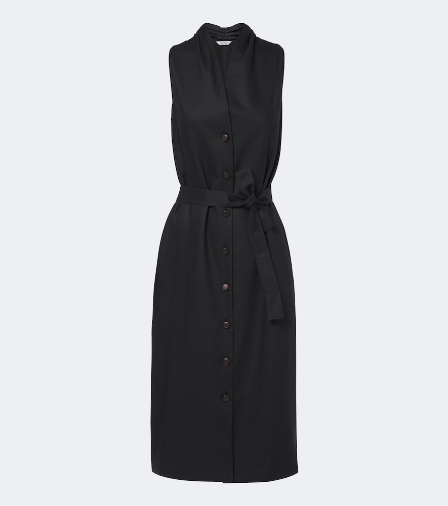 Max Mara Belted Linen And Silk Midi Dress In Black