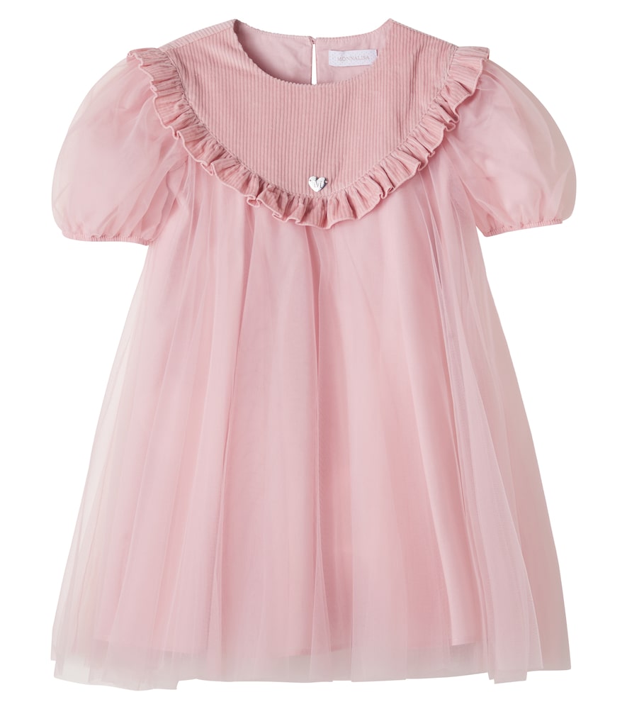 Abito in tulle con volant e velluto a coste