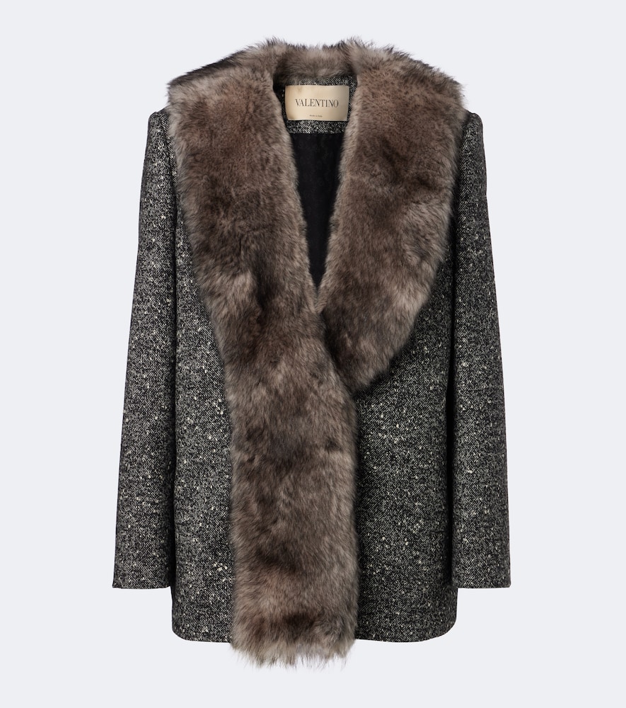 Valentino Shearling-trimmed Wool-blend Blazer In Grey