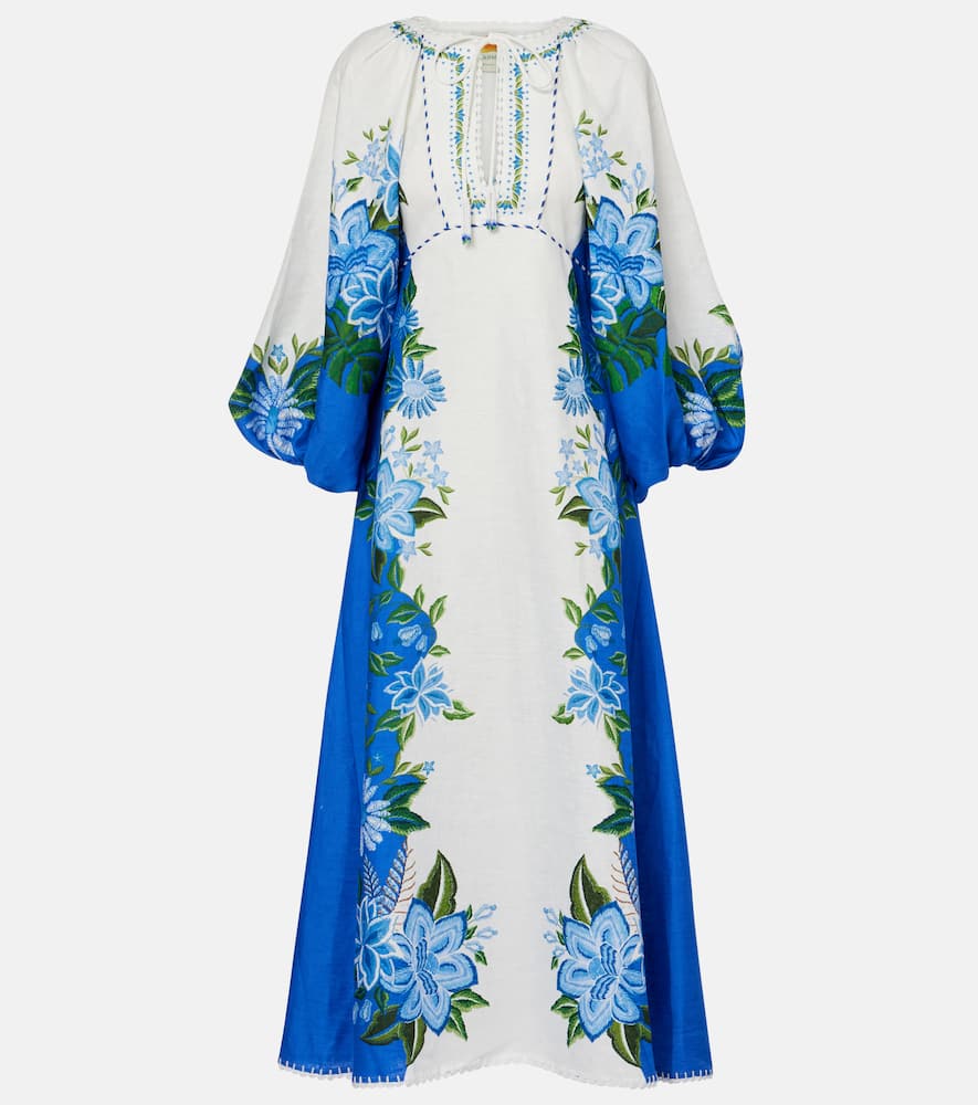 Printed puff-sleeve linen maxi dress