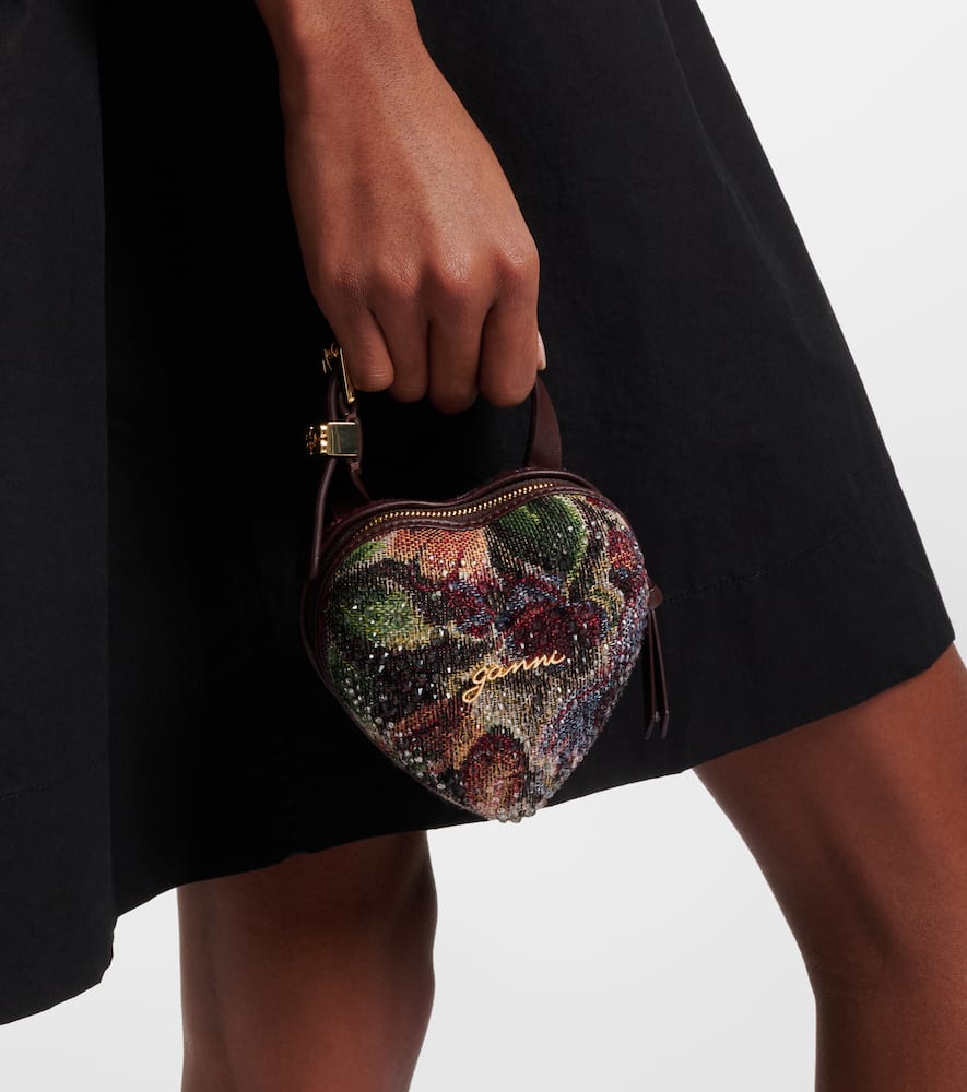 Ganni Nano Heart Mini Embellished Tote Bag In Burgundy