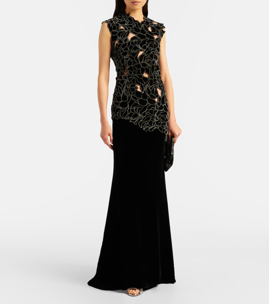 Costarellos Serisa Embellished Lace-trimmed Velvet Gown In Black