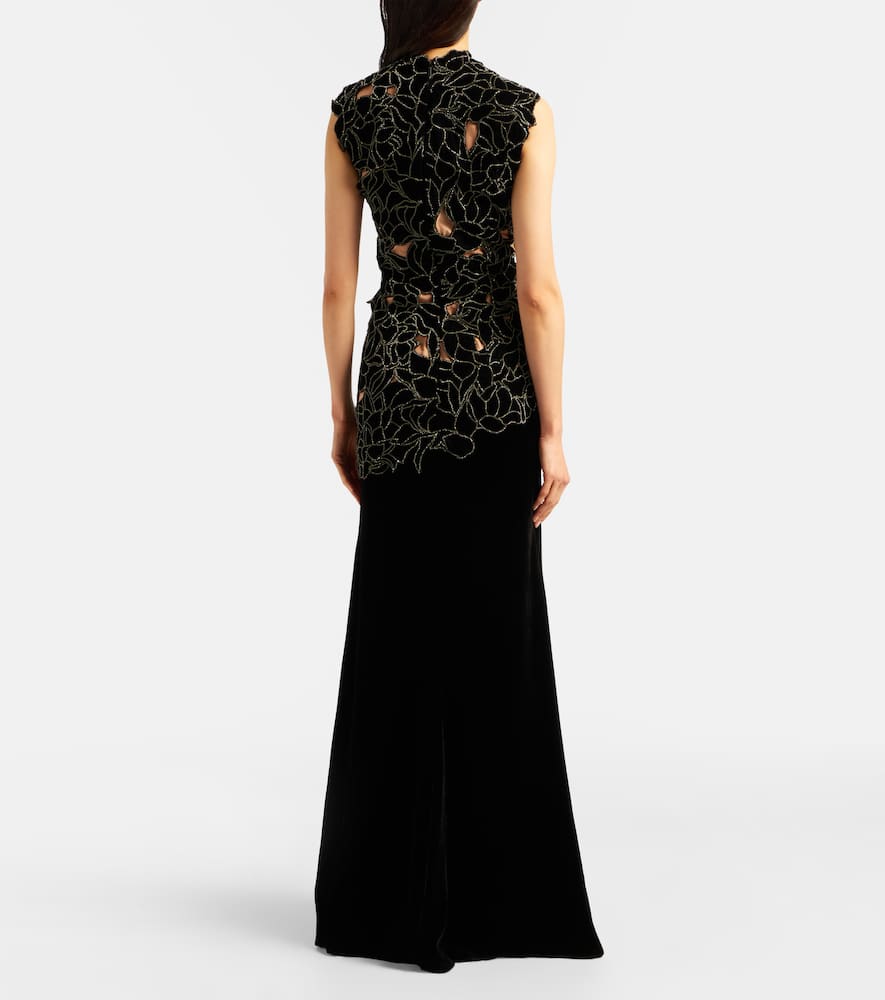 Costarellos Serisa Embellished Lace-trimmed Velvet Gown In Black