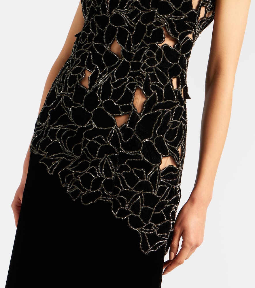 Costarellos Serisa Embellished Lace-trimmed Velvet Gown In Black
