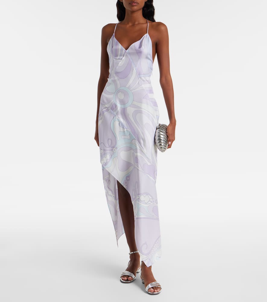 Pucci Marmo Asymmetric Silk Twill Maxi Dress In Purple