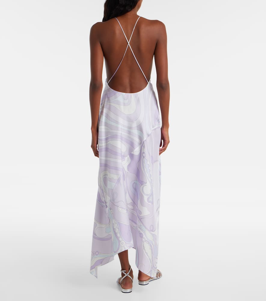 Pucci Marmo Asymmetric Silk Twill Maxi Dress In Purple