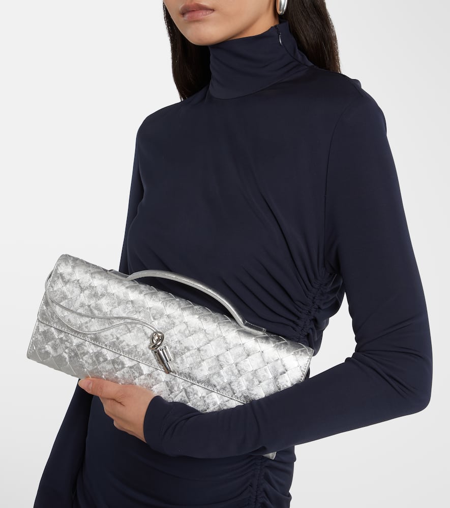 Bottega Veneta Andiamo Intrecciato Metallic Leather Clutch In Silver