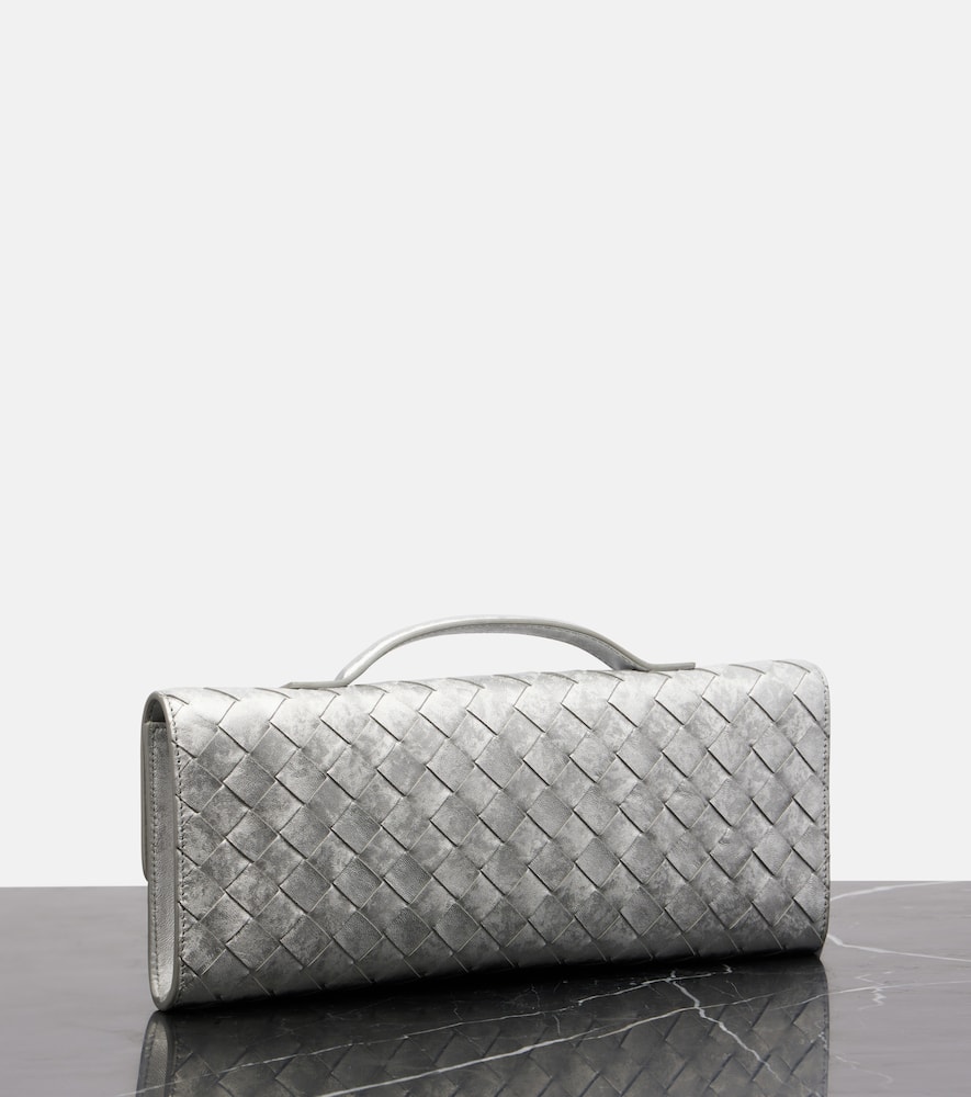 Bottega Veneta Andiamo Intrecciato Metallic Leather Clutch In Silver