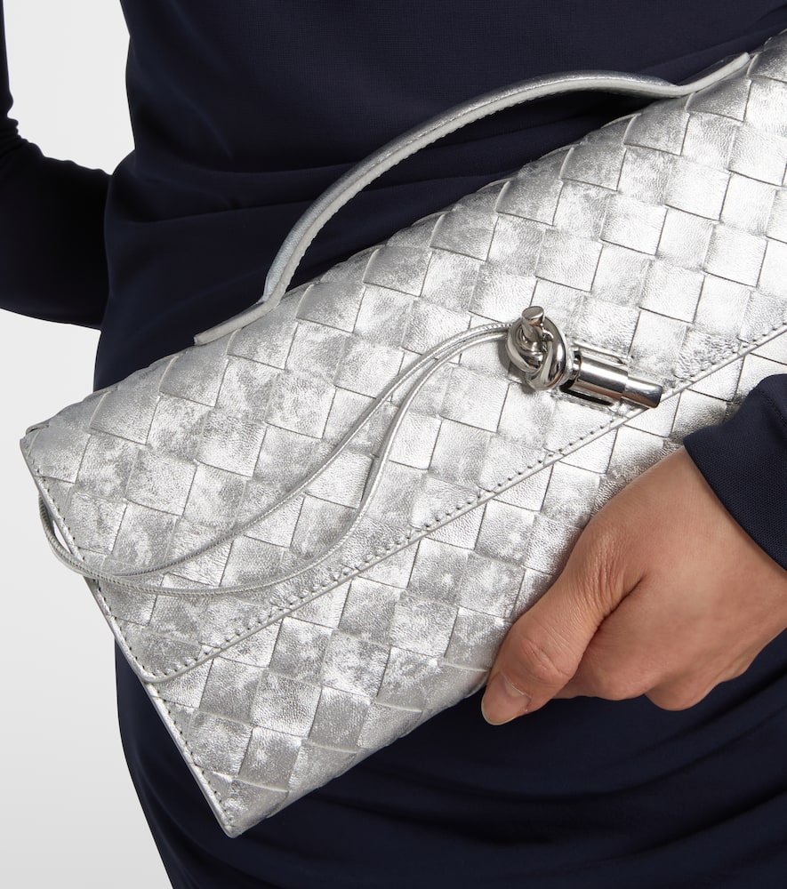 Bottega Veneta Andiamo Intrecciato Metallic Leather Clutch In Silver