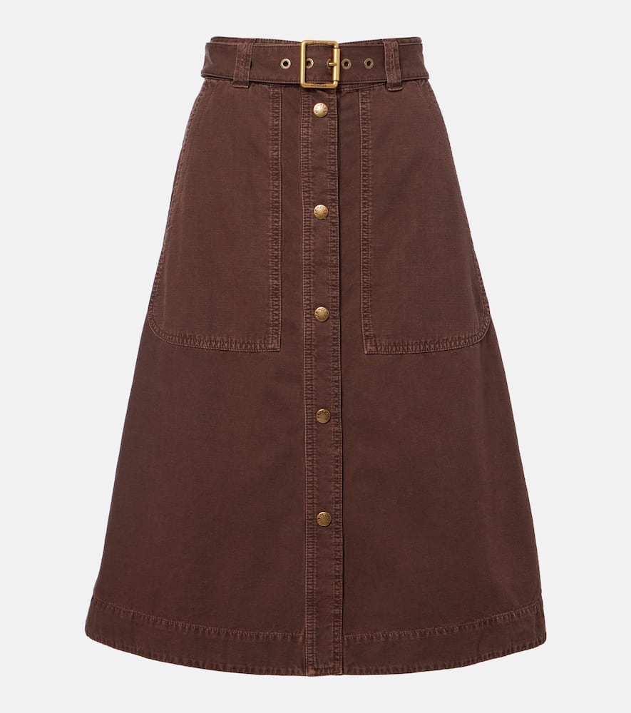 Moncler Belted Denim Midi Skirt In Brown