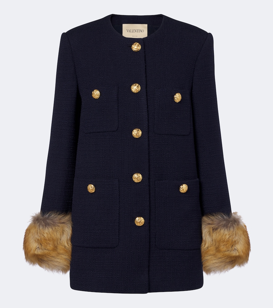 Valentino Shearling-trimmed Wool-blend Tweed Jacket In Blue