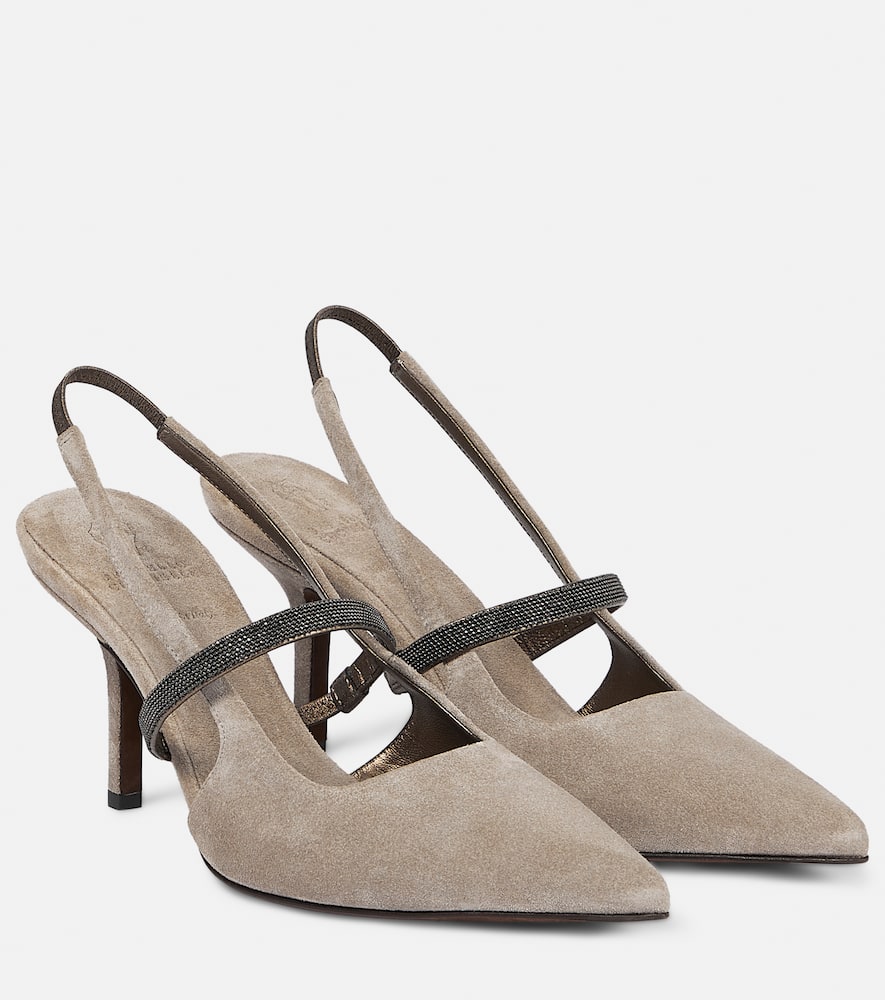 Shop Brunello Cucinelli Embellished Suede Slingback Pumps In Brown