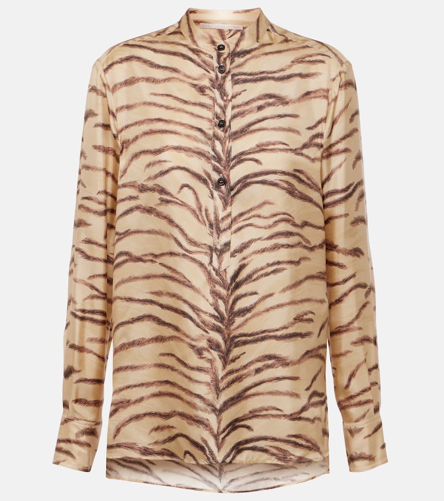Stella Mccartney Tiger Print Long-sleeved Silk Shirt In Beige