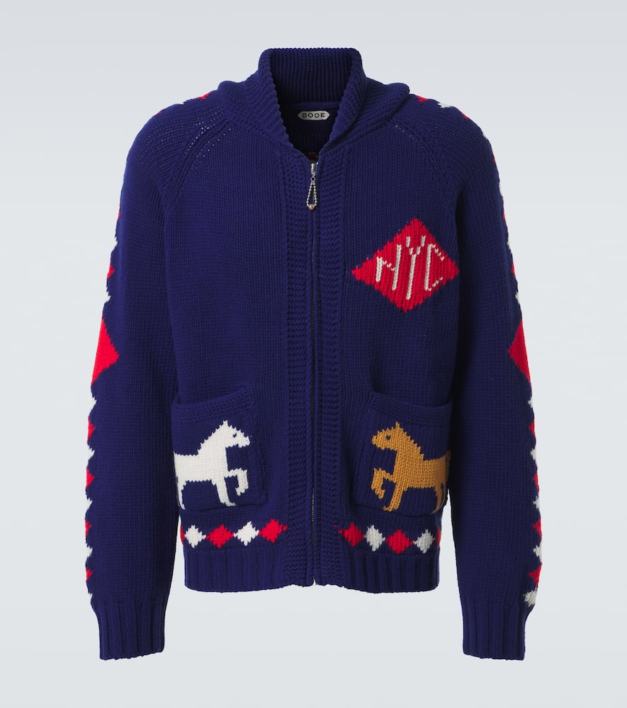 Bode Diamond Corral Wool Zip-up Cardigan In Blue Multi