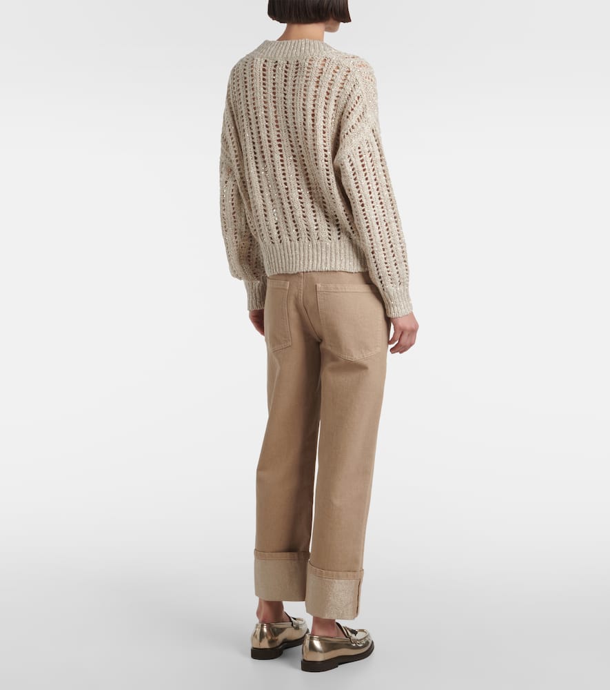Brunello Cucinelli Embellished Silk And Linen-blend Sweater In Beige