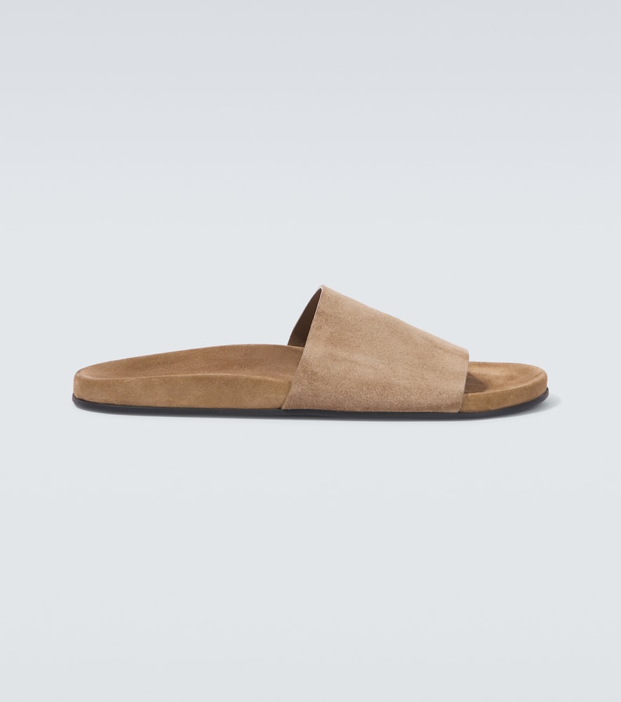 The Row Hugh Suede Slides In Brown