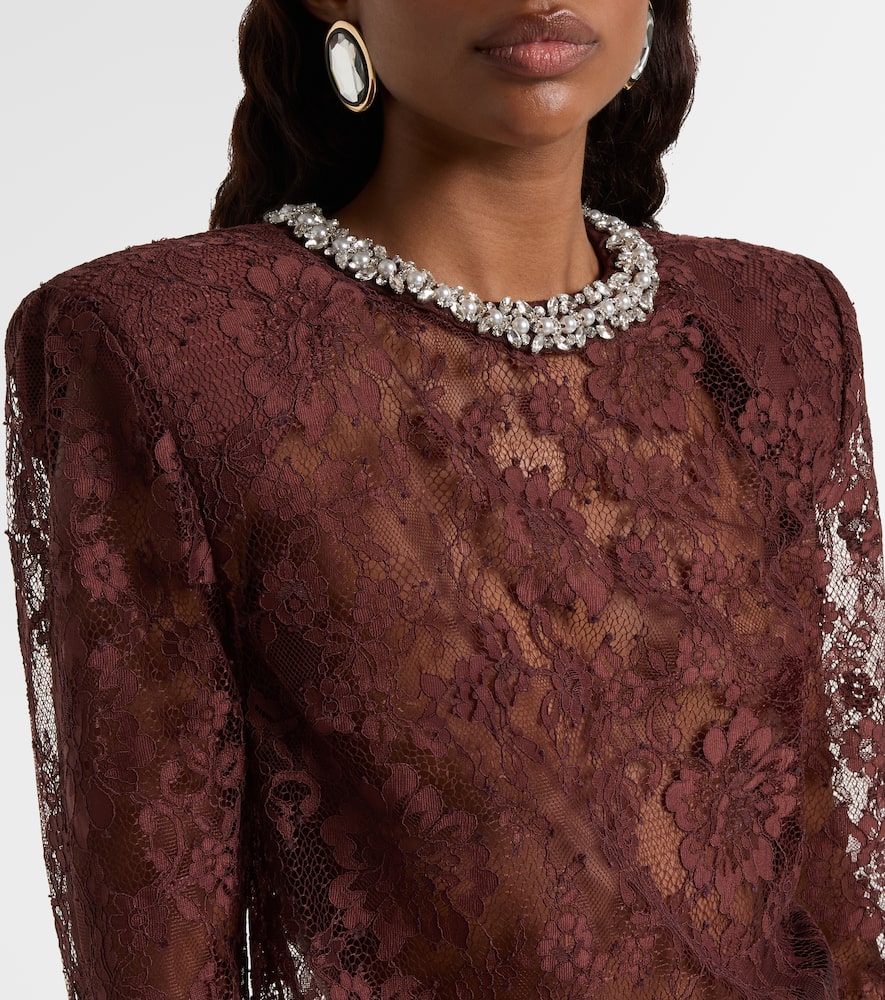 Self-portrait Embellished Lace Top In Brown