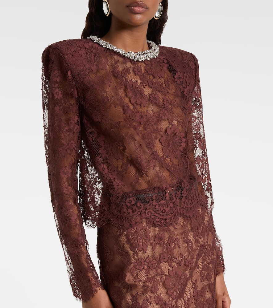 Self-portrait Embellished Lace Top In Brown