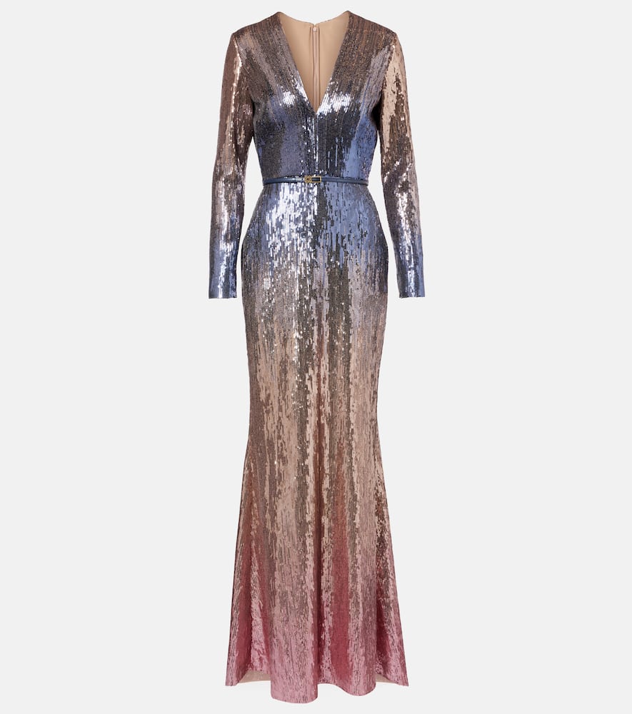 Elie Saab Ombré Sequined Belted Gown In Brown