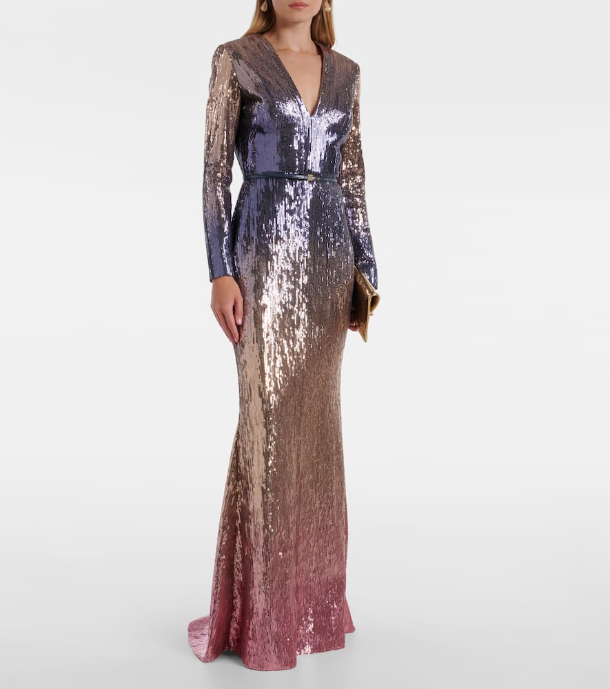 Elie Saab Ombré Sequined Belted Gown In Brown