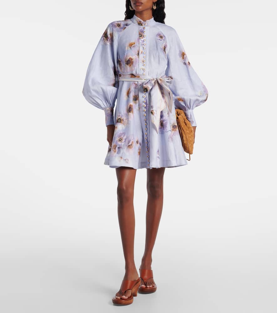 Zimmermann Womens Lilac Poppy Printed Silk-belt Buttoned Linen Mini Dress In Blue
