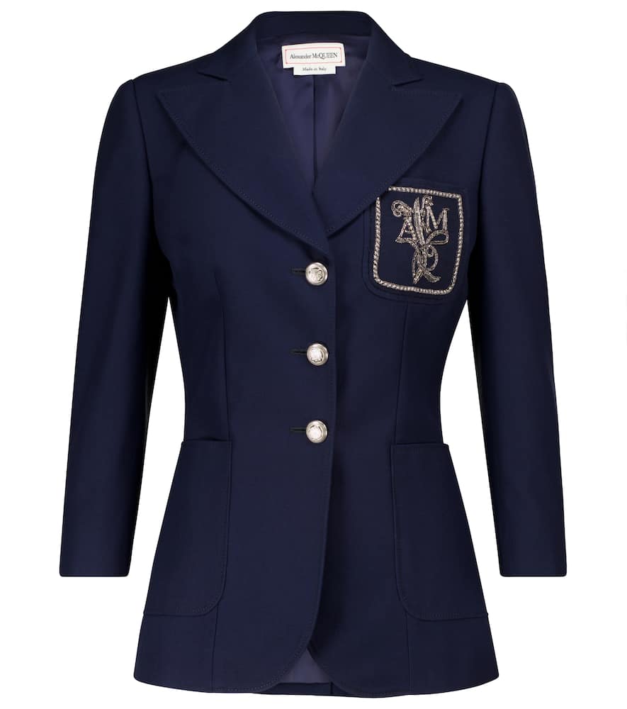 Click to view more detailed imagery on our partner's website Alexander Mcqueen Floral Logo Embroidered Patch Three Quarter Sleeve Blazer In Navy