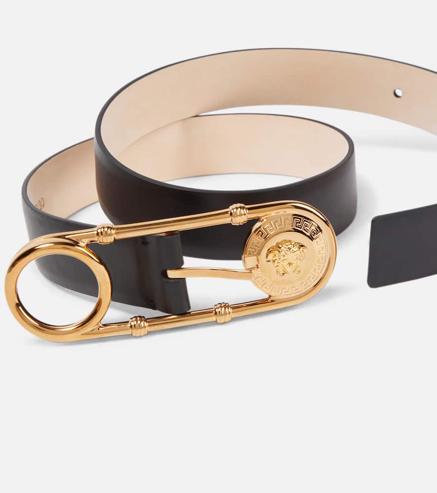 Shop Versace Safety Pin Leather Belt In Nero-oro