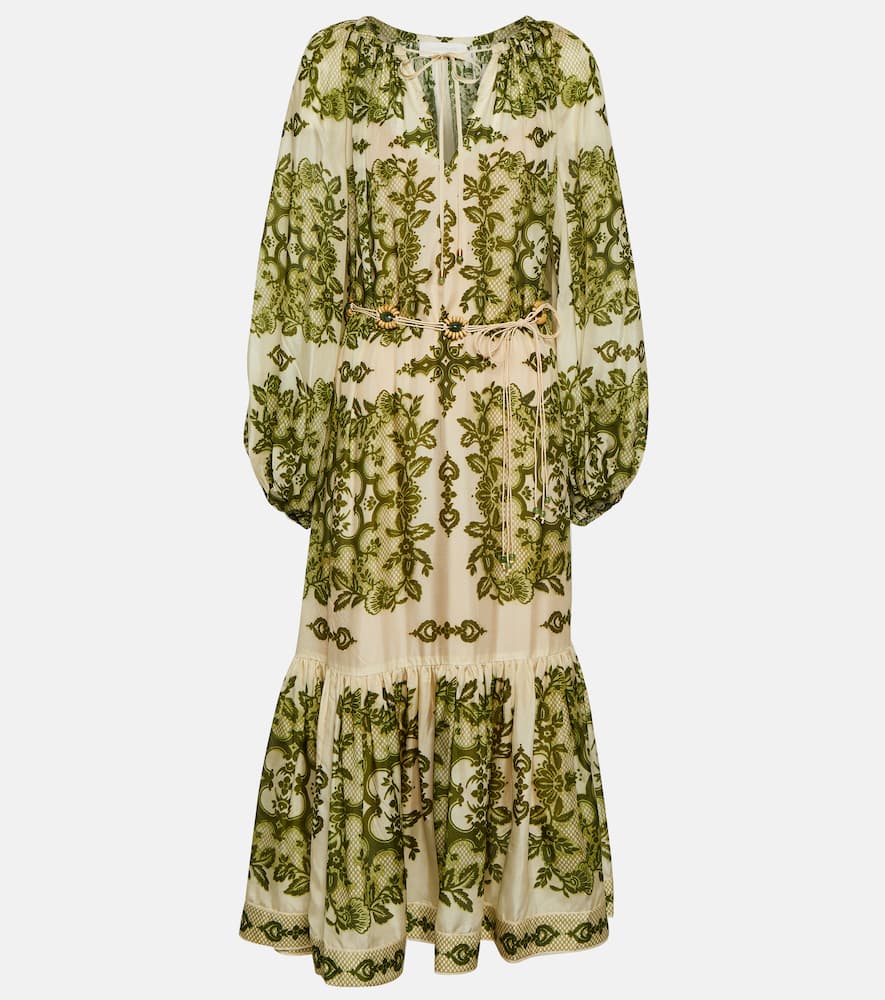 Shop Zimmermann Raie Tiered Printed Silk Midi Dress In Green