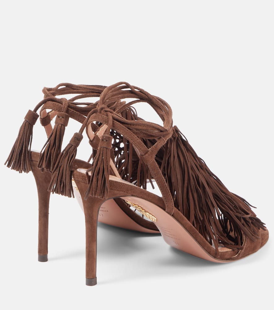Aquazzura 85 Fringed Suede Open Toe Sandals In Brown