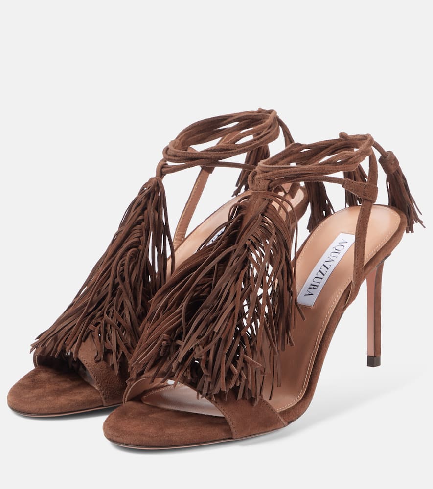 Aquazzura 85 Fringed Suede Open Toe Sandals In Brown