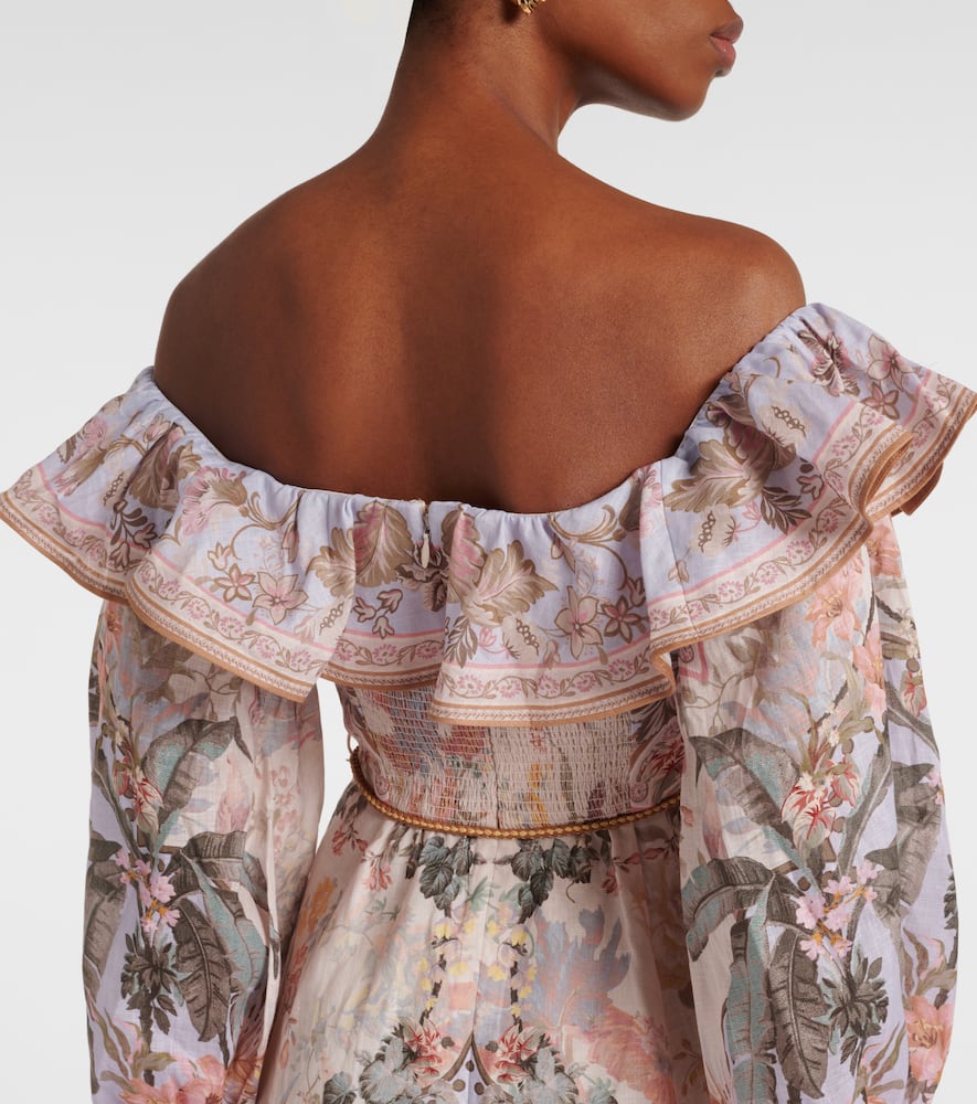 Shop Zimmermann Wylie Floral Linen Midi Dress In Multicoloured