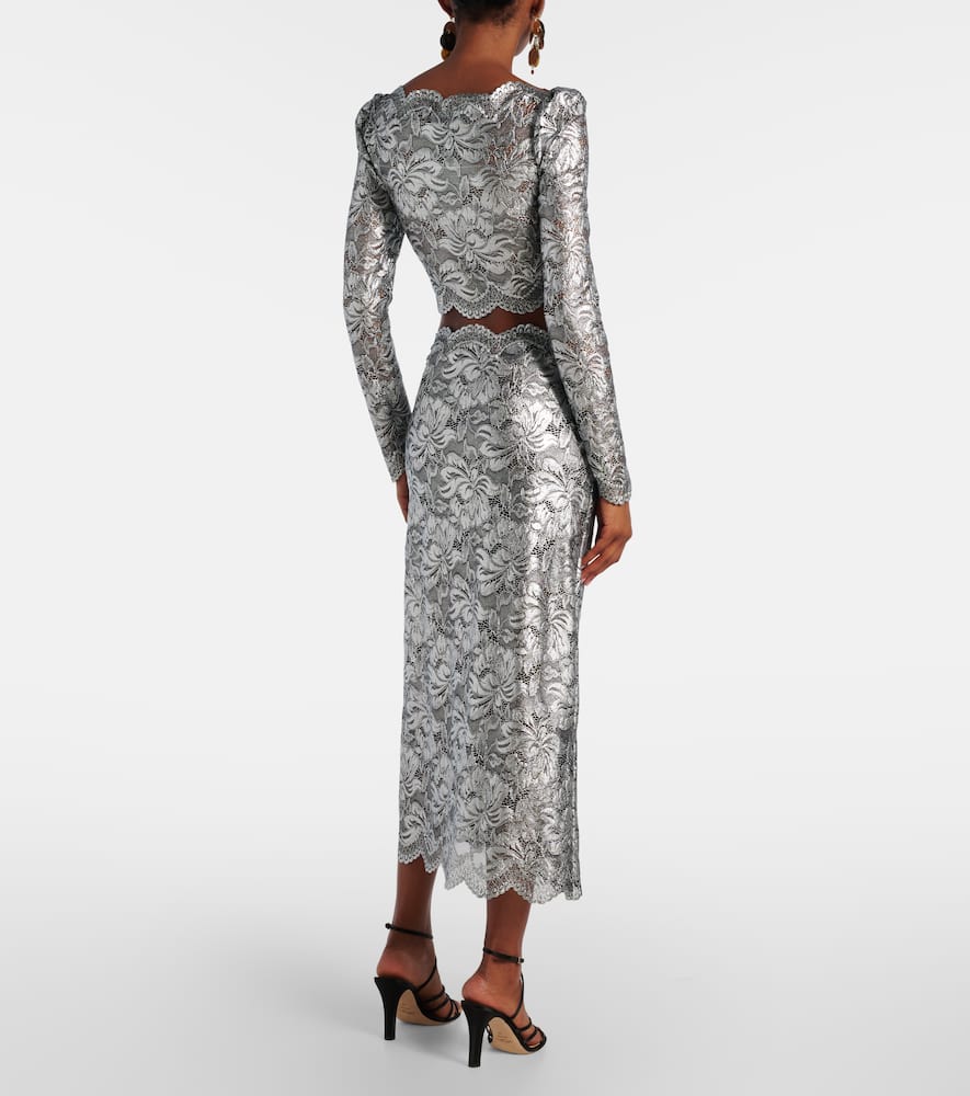 Rabanne Metallic-effect Lace Midi Skirt In Silver