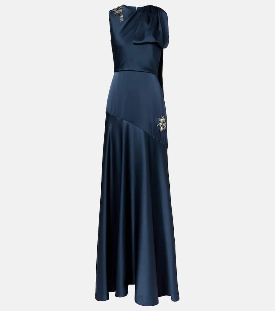 Erdem Embellished Scarf-detail Satin Cady Gown In Blue
